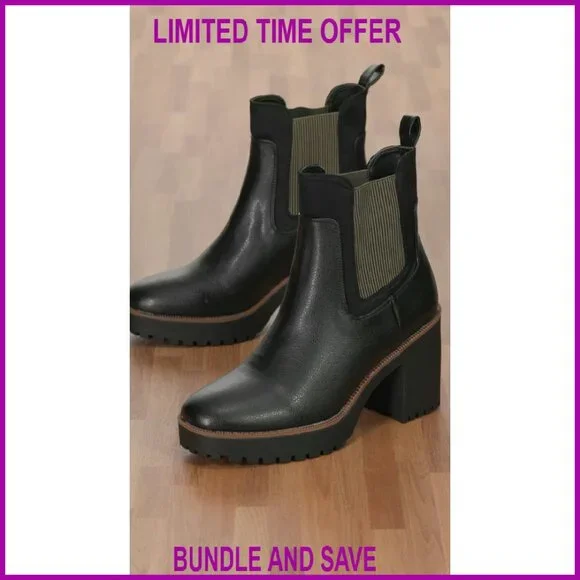 Platform Ankle Boots with Lug Sole, Stretch Gore, Pull Tab, Size 7